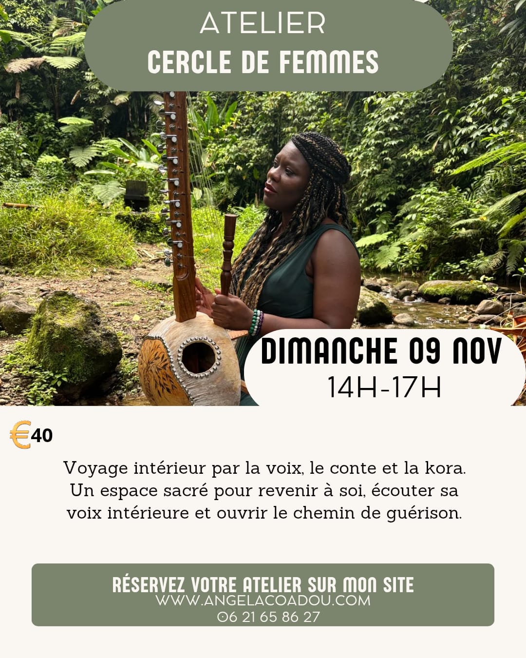 Pendant 3 heures, nous explorerons : 🎶 La voix libératrice : exercices doux pour habiter son souffle et oser chanter, même sans technique. 📖 Le conte initiatique : un récit porteur de guérison, accompagné à la kora, qui ouvre l’imaginaire et l’âme. 🌸 L’expression créative : chant collectif et écriture intuitive pour transformer les émotions en force. 🔥 Le rituel de guérison : poser une intention, laisser aller ce qui pèse, repartir légère et inspirée.